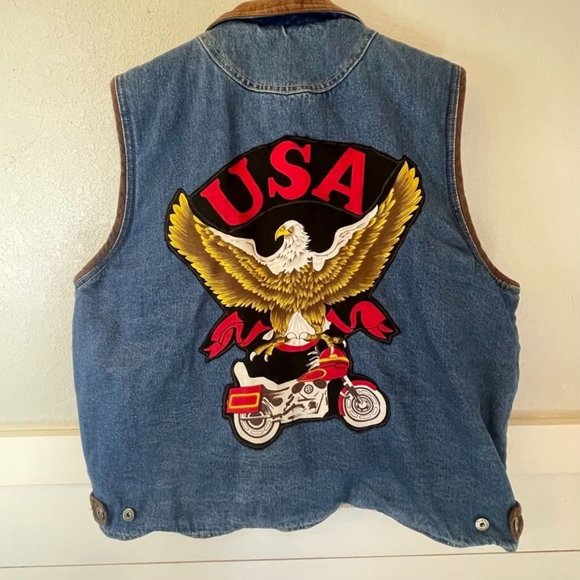 Wrangler Hero USA Eagle Biker‎ Vintage Denim Sherpa Lined Vest Men's 2XL - Picture 1 of 10